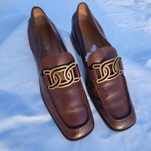 Tod's Kate Brown Leather Loafers Gold Buckle Flat Dress Shoes